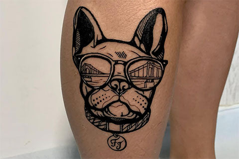 Frenchie tattoo on leg